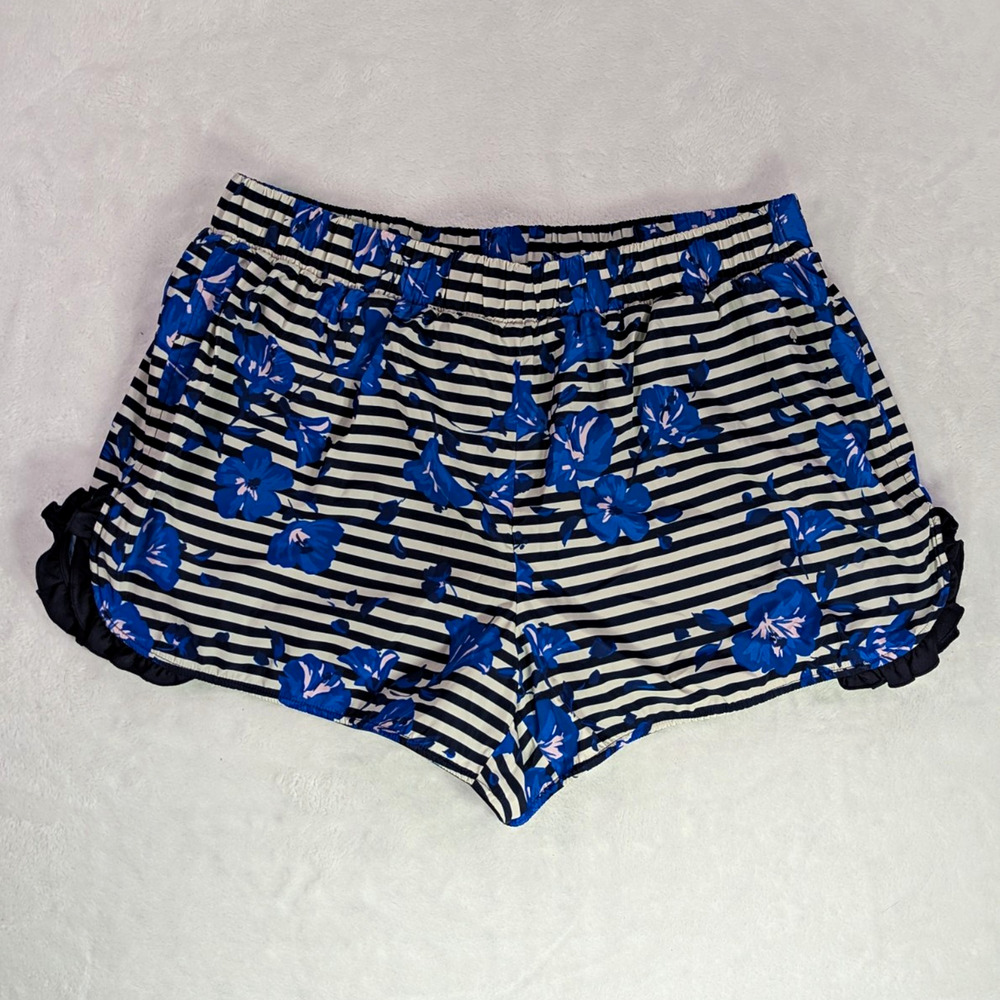 Kate Spade New York Womens L Hibiscus Striped Athletic Shorts Blue Ruffle Trim